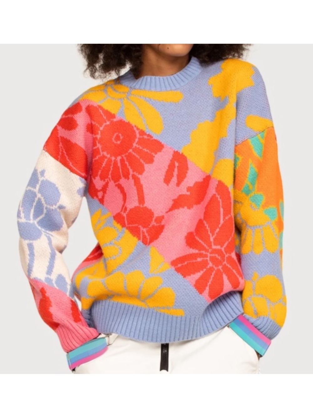Rowley X Roxy Apreski Layer Sweater Colorful Floral Chunky Knit Size XS Coastal